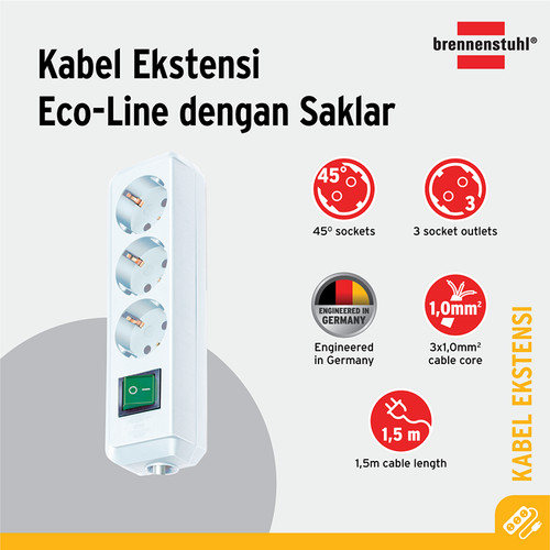 Brennenstuhl Eco-Line Stop Kontak dengan Switch 3-Soket Putih 1,5m