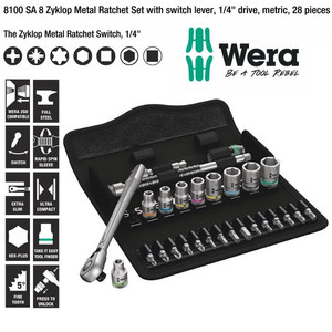 Tool Kit WERA 05004018001 Zyklop Metal Ratchet Switch 1/4" Metric 28Pc