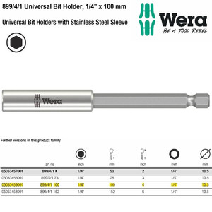 Universal Bit Holder Hex 1/4" x 100mm Wera 05053459001 Stainless Steel