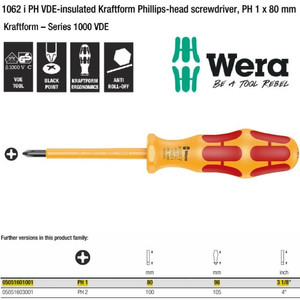 Obeng VDE Plus PH 1 x 80 mm Wera 05051601001 VDE Phillips Screws