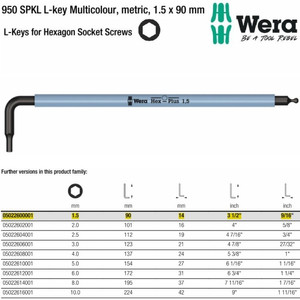 Kunci L Hex-Plus Metric 1.5 x 90 mm Wera 05022600001 Ball Point L-Key