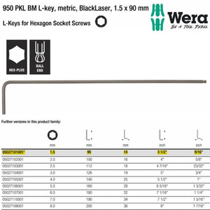 Kunci L Hex-Plus Metric 1.5 x 90 mm Wera 05027101001 Ball Point L-Key