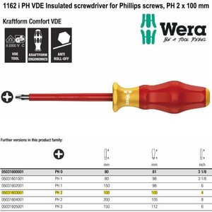 Obeng VDE Plus PH 2 x 100 mm Wera 05031603001 VDE Phillips Screws