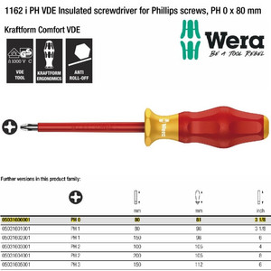 Obeng VDE Plus PH 0 x 80 mm Wera 05031600001 VDE Phillips Screws