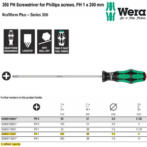 Obeng Plus PH 1 x 200 mm S/Driver for Phillips Screws Wera 05008712001