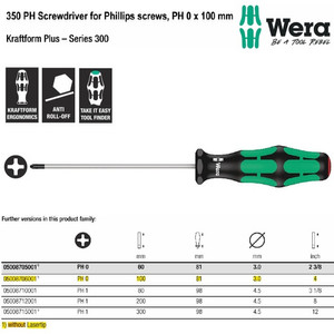 Obeng Plus PH 0 x 100 mm S/Driver for Phillips Screws Wera 05008706001