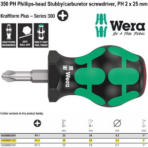 Obeng Plus Stubby PH 2 x 25 x 54 mm Wera 05008851001 Stubby Phillips