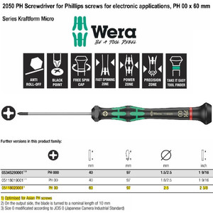 Obeng Plus Mirco PH 00 x 60 mm Wera 05118020001 Phillips Screws