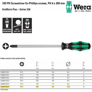 Obeng Plus PH 4x400mm Wera 05008740001 Screwdriver for Phillips Screws