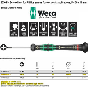 Obeng Plus Mirco PH 00 x 40 mm Wera 05118019001 Phillips Screws