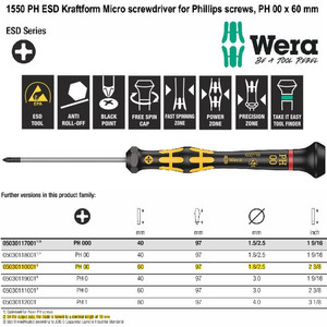 Obeng Plus Micro ESD PH 00 x 60 mm Wera 05030110001 Phillips screws