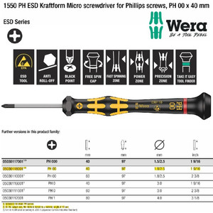 Obeng Plus Micro ESD PH 00 x 40 mm Wera 05030118001 Phillips screws