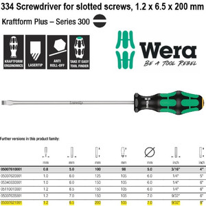 Obeng Minus 1.2 x 6.5 x 200 mm Wera 05007621001 Screwdriver Slotted