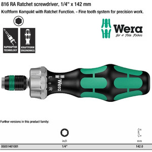 Obeng Hex 1/4" x 142 mm Wera 05051461001 816 RA Ratchet Screwdriver