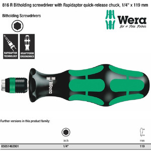 Obeng Hex 1/4" x 119 mm Wera 05051462001 816 R Bitholding Screwdriver