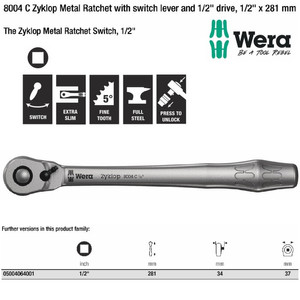 Gagang Shock Wera 05004064001 Zyklop Metal Ratchet Switch 1/2" Drive