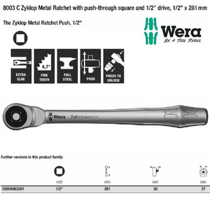 Gagang Shock Wera 05004063001 Zyklop Metal Ratchet Push 1/2" Drive