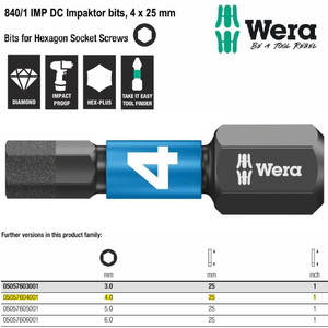 Mata Obeng Impaktor Hex 4 x 25 mm Wera 05057604001 Hexagon Bits