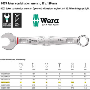 Kunci Ring Pas 17 x 190 mm Wera 05020208001 Joker Combination Wrench