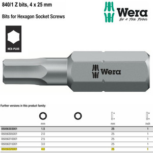 Mata Obeng Hex 4.0 x 25 mm Wera 05056320001 Z Bits for Hexagon Screws