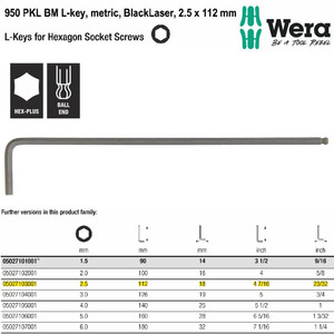 Kunci L Hex-Plus Metric 2.5 x 112mm Wera 05027103001 Ball Point L-Key