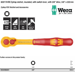 Gagang Shock VDE Wera 05004966001 Zyklop VDE Ratchet Switch 3/8" Drive