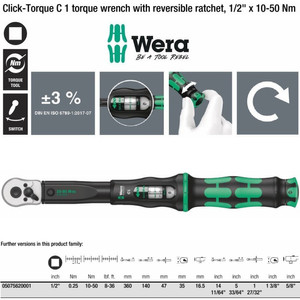 Torsi 1/2"Sq 10-50 Nm Wera 05075620001 C1 Click Torque Rvsible Ratchet