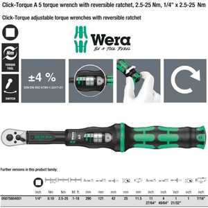 Torsi 1/4" Sq 2.5-25 Nm Wera 05075604001 A5 Click Torque Adjust Wrench