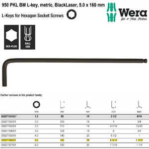 Kunci L Hex-Plus Metric 5.0 x 160 mm Wera 05027106001 Ball Point L-Key