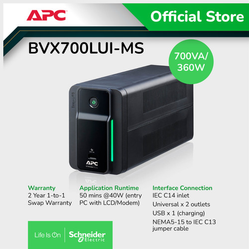 UPS APC Easy UPS BVX 700VA 360W USB Charging BVX700LUI-MS 2 Years