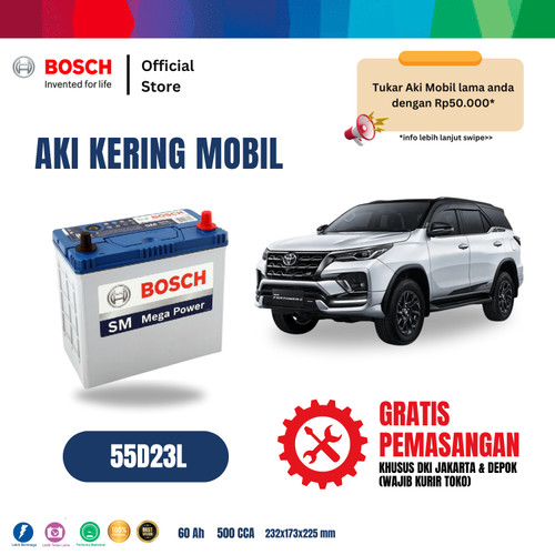 Aki Mobil Fortuner Bensin Bosch MF 55D23L Aki Kering Original