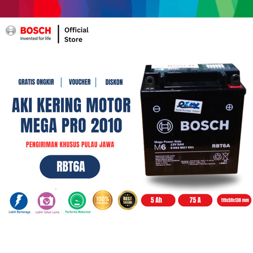 Aki Kering Motor Honda Mega Pro 2010 - Maintenance Free - Bosch RBT-6A