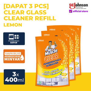 (Dapat 3pcs) Mr Muscle Clear Glass Pembersih Kaca Pouch Lemon 400ml