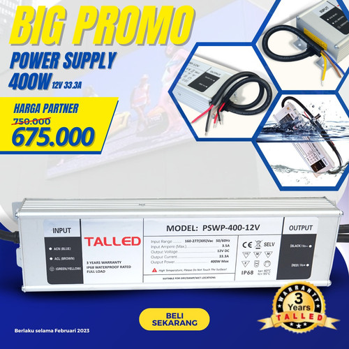 POWER SUPPLY 12V 16.6A 400W OUTDOOR / WATERPROOF TALLED GARANSI 3 THN