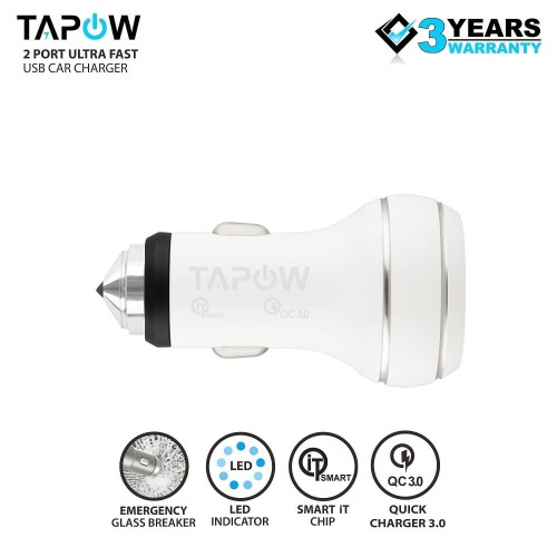 CAR CHARGER 2PORT USB QUICK CHARGING 3.0 TAPOW AUFC017-WHT