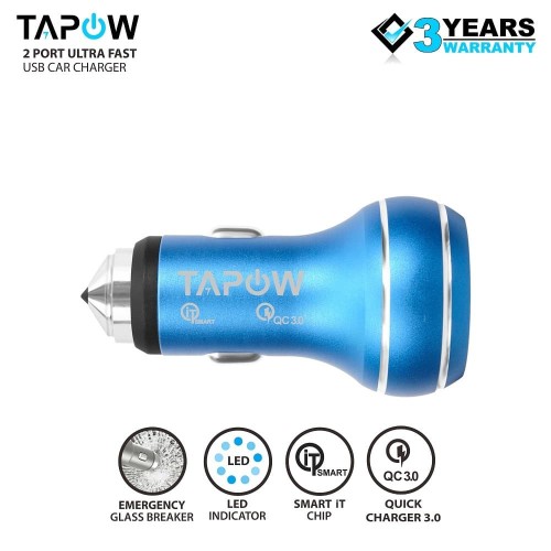 CAR CHARGER 2PORT USB QUICK CHARGING 3.0 TAPOW AUFC017-BLU