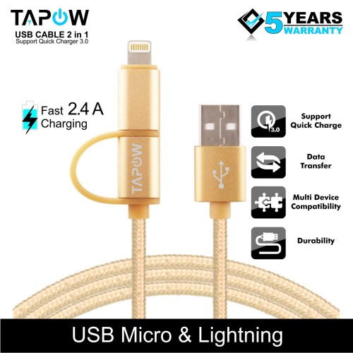 KABEL DATA FAST CHARGING 2 IN 1 MICRO USB LIGHTNING TAPOW CB065-GLD