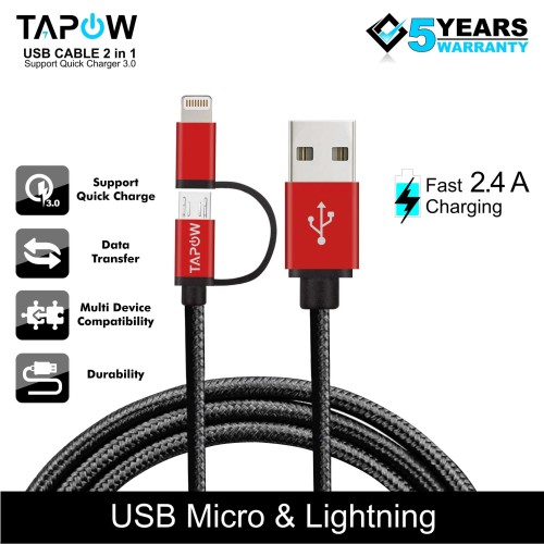 KABEL DATA FAST CHARGING 2 IN 1 MICRO USB LIGHTNING TAPOW CB065-RB