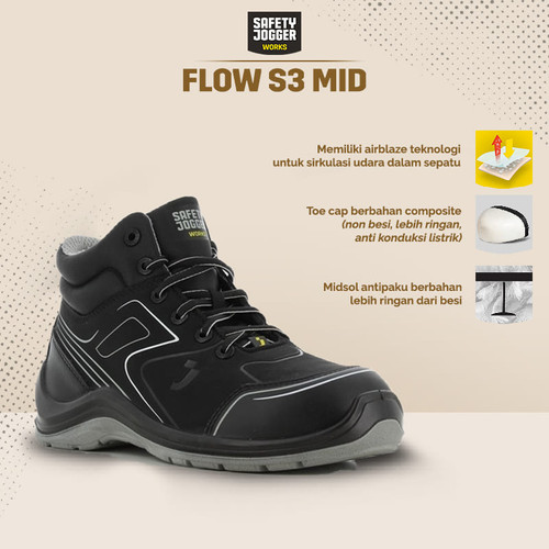 Sepatu Safety Jogger FLOW S3 MID S3 / Sepatu Proyek Black Grey