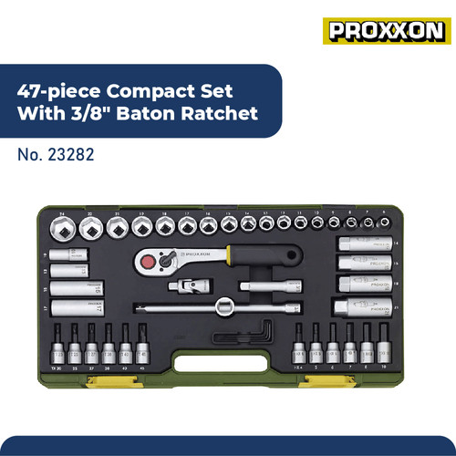 PROXXON 23282 KUNCI SOK SET COMPACT SET WITH 3/8" BATON RATCHET 47PCS