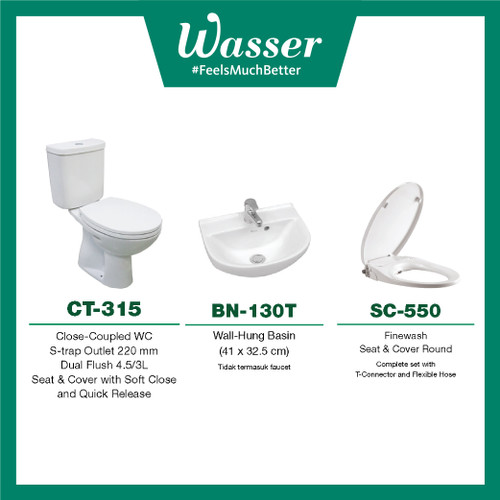 Promo Paket Wasser Closet CT-315, Basin BN-130T dan FineWash SC-550