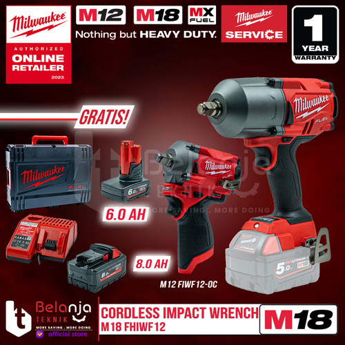 Milwaukee Impact Wrench Baterai M18 FHIWF12 Sock 1/2 Inch Set 18 V 8AH