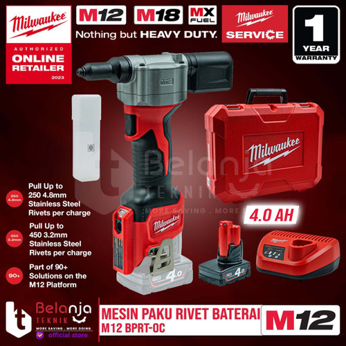 Milwaukee Mesin Paku Tembak Rivet Gun Baterai M12 BPRT-0 Set 12 V 4 AH