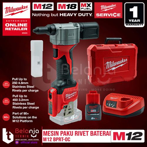 Milwaukee Mesin Paku Tembak Rivet Gun Baterai M12 BPRT-0 Set 12 V 2 AH