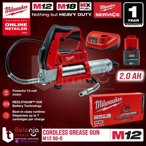 Milwaukee Grease Gun Cordless M12 GG-0 Pompa Gemuk Baterai Set 12V 2AH