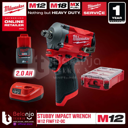 Milwaukee Stubby Impact Wrench Baterai M12 FIWF12-0C 1/2" SET 12V 4 AH