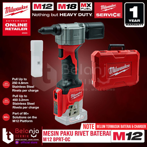 Milwaukee Mesin Paku Tembak Rivet Baterai M12 BPRT-0 12 Volt Unit Only