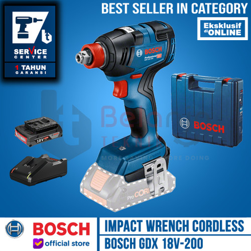 Bosch Mesin Impact Wrench Cordless GDX 18V-200 Charger Baterai 2 Ah