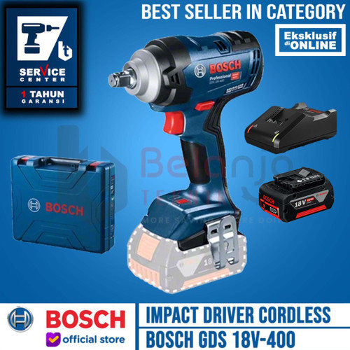 Bosch Mesin Impact Wrench Cordless GDS 18V-400 Charger Baterai 4 Ah