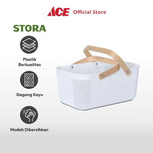 Ace - Stora 40x25x18 Cm Keranjang Penyimpanan Wood Handle - Putih